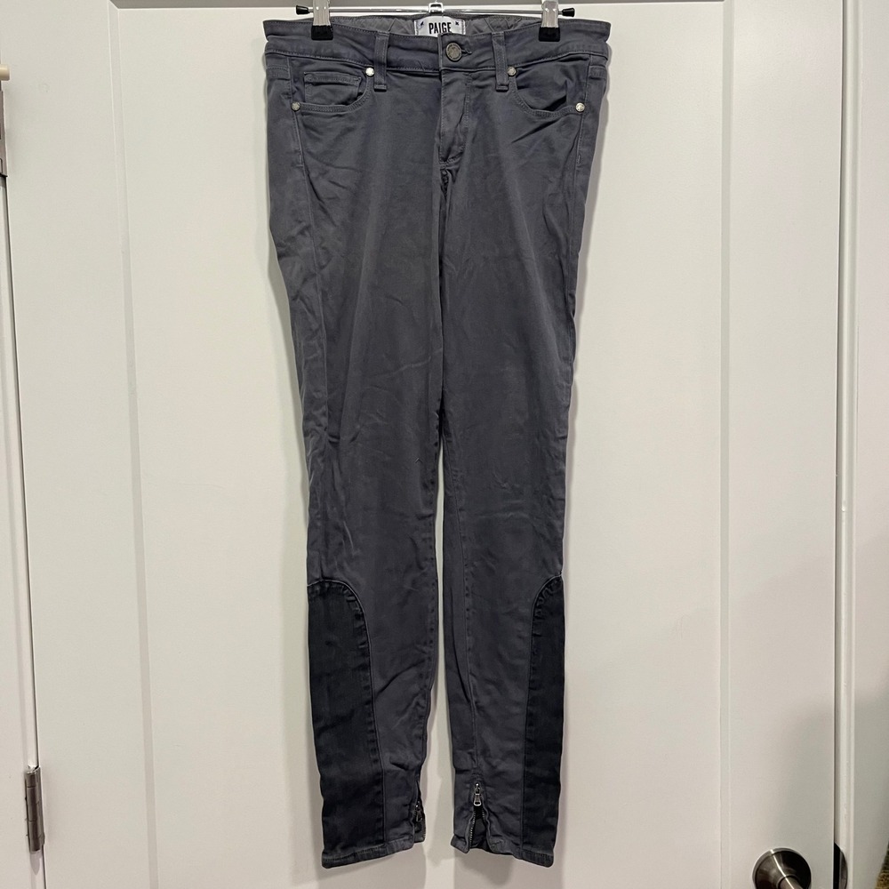 PAIGE Gray Mid Rise Skinny Jeans Equestrian Contrast‎ Panel Ankle Zip Size 27